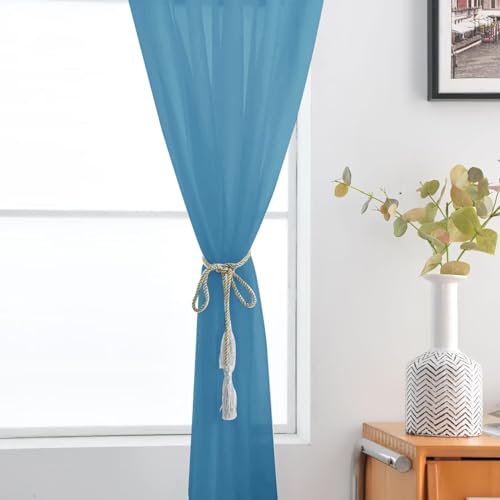 Basic Rod Pocket Sheer Voile Window Curtain Panels Blue 1 Pair 2 Panels 52 Width 108 Inch Long for Kitchen Bedroom Children Living Room Yard（Blue (Blue / 52"W x 108"L (Pack of 2))