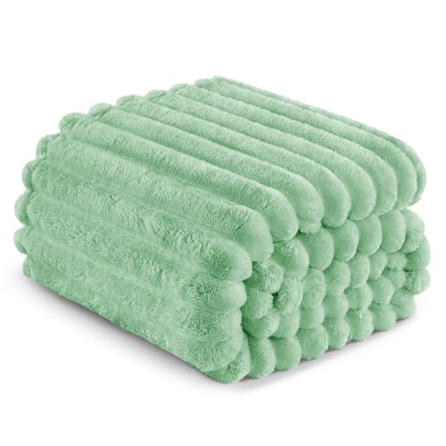 Striped Queen Size Fleece Blanket for Bed (Sage Green / Queen ( 90x90 IN ))