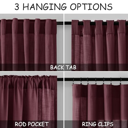 Burgundy Linen Curtains Semi Sheer 96 Inches Long 2 Panels Set for Living Room Back Tab Rod Pocket Light Filtering Drape for Bedroom Modern Farmhouse Coastal Decor Protect Privacy 52x96 (52"W x 96"L (Pack of 2) / Burgundy)