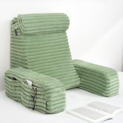 22" XL Back Pillow for Bed Sitting Up with Armrests & Big Pockets (Sage Green / XL(5'3"-5'11"))