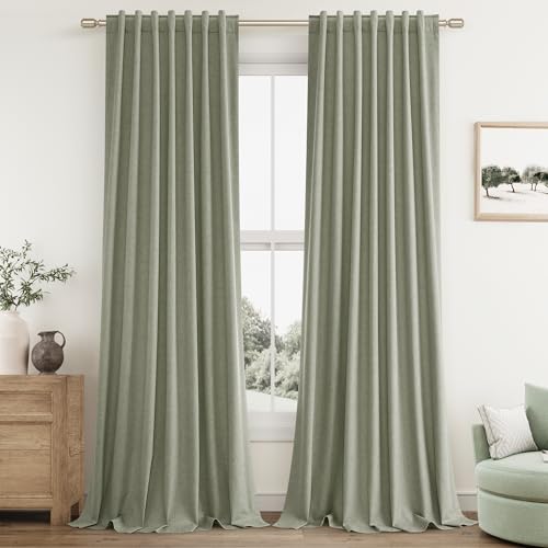 Sage Green 100% Blackout Linen Curtains 92 Inch Length 2 Panels Set for Living Room Bedroom Back Tab Thermal Insulated Black Out Drapes Room Darkening Farmhosue Window Curtains 92 Inches Long (Sage Green / 52"W x 92"L (Pack of 2))