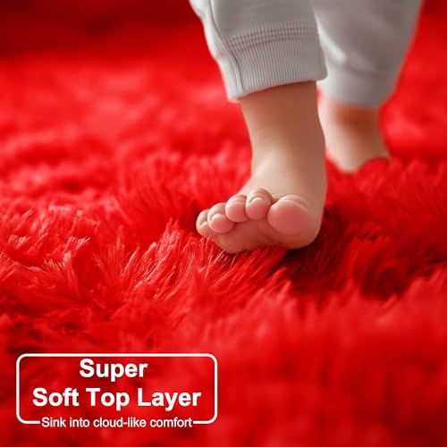 Red Fluffy Plush Large Round Area Rug 7Ft for Living Room Bedroom (Red / 7' (Round))
