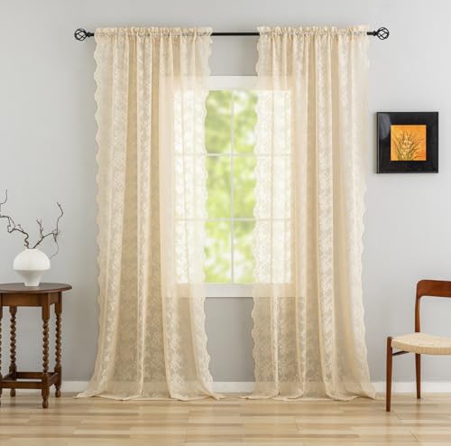 Vintage Lace Curtains 96 Inches Long (Beige / 52"W x 96"L (Pack of 2))
