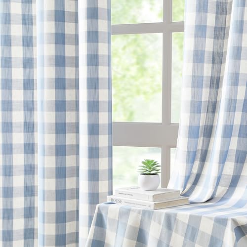 Beige Dusty Blue Buffalo Plaid Semi Sheer Grommet Curtains 90 Inch (Dusty Blue/Beige / 40"W x 90"L (Pack of 2))