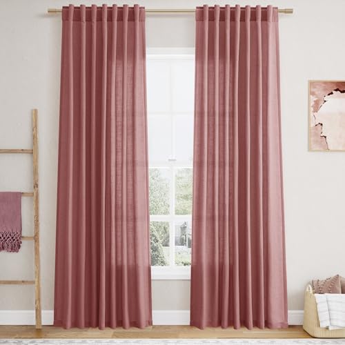 Canyon Rose Linen Curtains 84 Inch Length 2 Panels Set for Living Room Rod Pocket Back Tab Light Filtering Window Drapes for Bedroom Dining Room Protect Privacy Country Farmhouse Decor 52x84 (52"W x 84"L (Pack of 2) / Canyon Rose)
