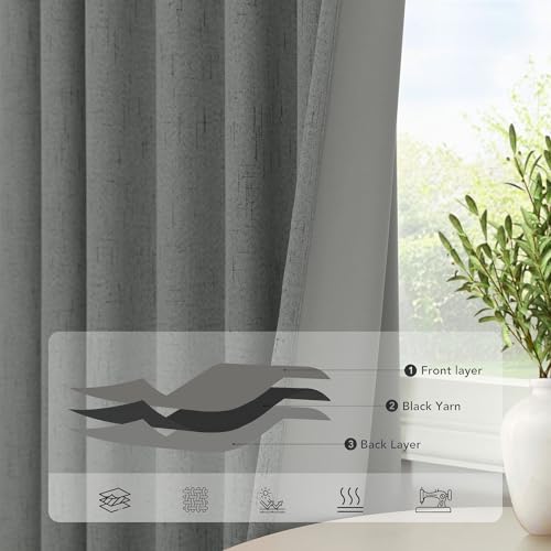 Gray Black Out Curtains 72 Inch Long for Bedroom 2 Panels Set Back Tab Pleated Neutral Boho Linen Textured Dark Grey Room Darkening Saving Energy Efficient Sound Deadening Drapes for Doorway 72 Length (Grey / 52"W x 72"L (Pack of 2))