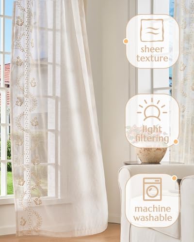Floral Sheer Curtains (S | Beige / 50"W x 63"L (Pack of 2))