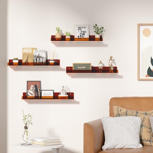 4 Pcs 15" Acrylic Shelves for Wall Decor and Display (Brown)