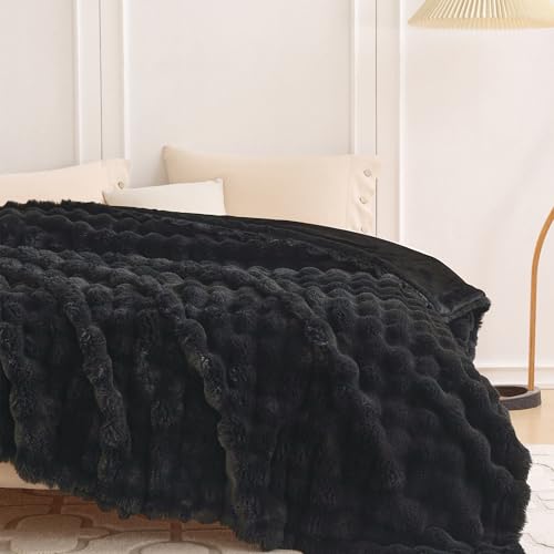 Soft Bubble Faux Fur Throw Blanket (Black / 50“x60”)