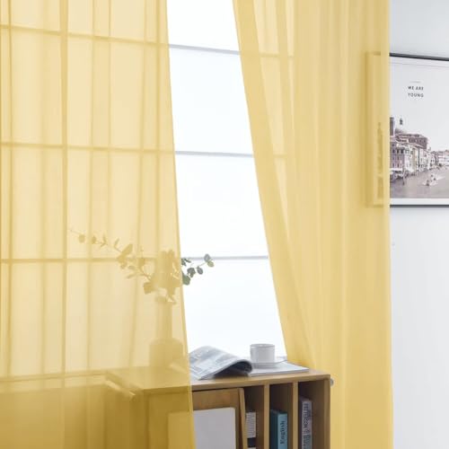Basic Rod Pocket Sheer Voile Window Curtain Panels Gold 1 Pair 2 Panels 52 Width 63 Inch Long for Kitchen Bedroom Children Living Room Yard（Gold (Gold / 52"W x 63"L (Pack of 2))