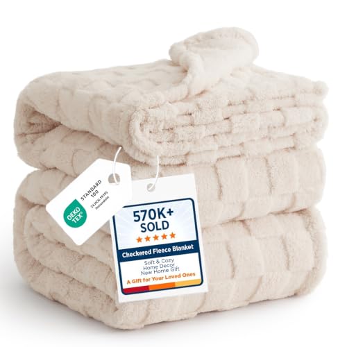 Checkered Soft Cozy King Size Blankets for Bed (07 Cream / King (108" X 90"))