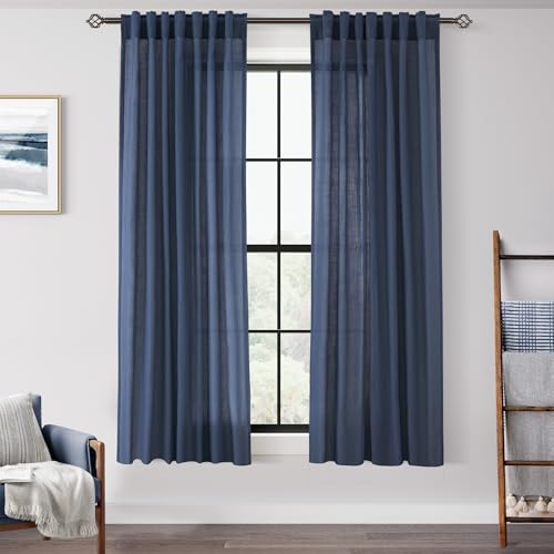 Navy Blue Curtains 63 Inch Length for Bedroom Back Tab Light Filtering Semi Sheer Living Room Curtains Linen Cotton Textured Indigo Drapery Panel Modern Farmhouse Aesthetic Decor (Navy Blue / 52"W x 63"L (Pack of 2))