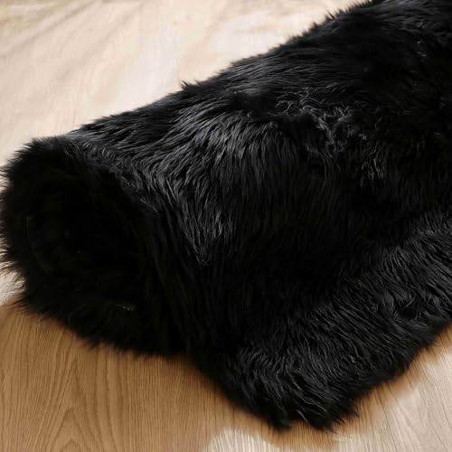 Black Sheepskin Area Rug 8x10 Fluffy Fuzzy Furry Shag Carpet for Living Room Bedroom Faux Fur Plush Rectangle (8' x 10' (Rectangular) / Black)