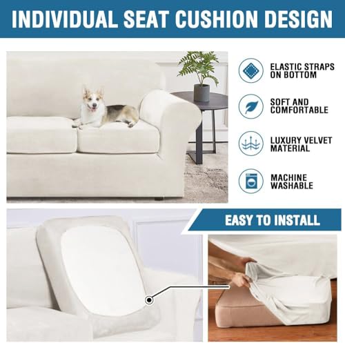 Modern Velvet Plush 4 Piece High Stretch Sofa Slipcover Sofa Cover Furniture Protector Form Fit Thick Velvet Sofa Cover for 3 Cushion Couch Width Up to 90 Inch (3 Cushion Sofa / Porcelain White)