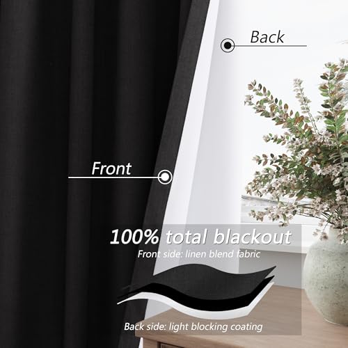 Black 100% Blackout Curtains 108 Inch Length 2 Panels Set for Living Room Bedroom Back Tab Thermal Insulated Black Out Linen Drapes Room Darkening Window Curtains 52x108 (Black / 52"W x 108"L (Pack of 2))