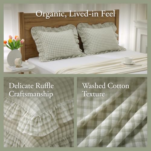 Plaid Ruffle Throw Pillow Shams (24" x 24" (Pack of 2) / Muted Sage Green Gingham)