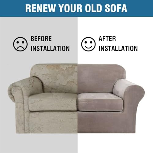 Real Velvet Plush 3 Piece Stretch Sofa Covers Couch Covers for 2 Cushion Couch Sofa Slipcovers Width Up to 90 Inch Feature Thick Soft Stay in Place (2 Cushion Sofa / Taupe)