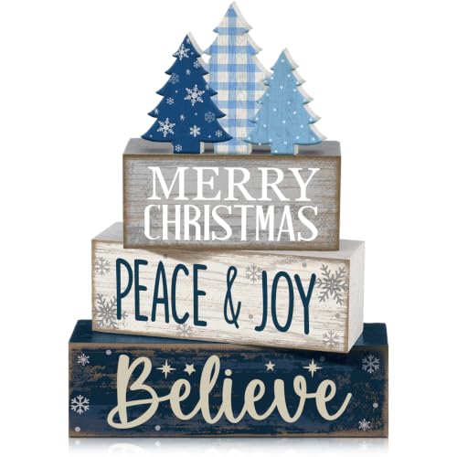 4 Pcs Christmas Table Decorations Blue Christmas Tree Stacked Wooden Sign Decor Rustic Winter Tiered Tray Decor Blue and White Xmas Table Centerpiece Farmhouse for Home Kitchen Shelf (Rustic Decorative)