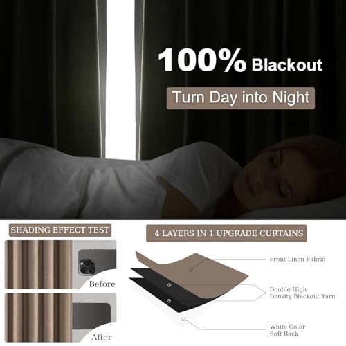 102 inch long blackout curtains 2 Panels 100% Black out Linen texture Curtain elegant Taupe Farmhouse Drapes with Back Tab Rod Pocket Light Blocking Thermal Insulated Panel for Bedroom Living Room (Faux Linen / 52"W x 102"L (Pack of 2))