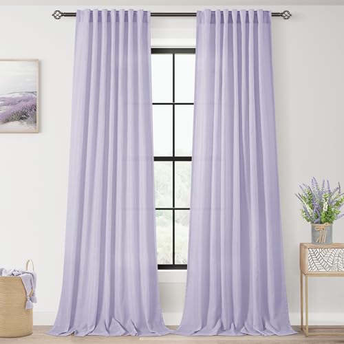 Lavender Semi Sheer Linen Purple Curtains 120 Inches Extra Long Ceiling to Floor for Purple Room Decor Back Tab Light Filtering Window Treatment Panels Drapes Luxury Elegant Sheer Violet (Purple / 52"W x 120"L (Pack of 2))