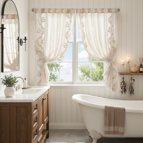 Beige Floral Linen Kitchen Tier Curtains 50x54 Inch 2 Panels (A| Beige / 50"W x 54"L (Pack of 2))
