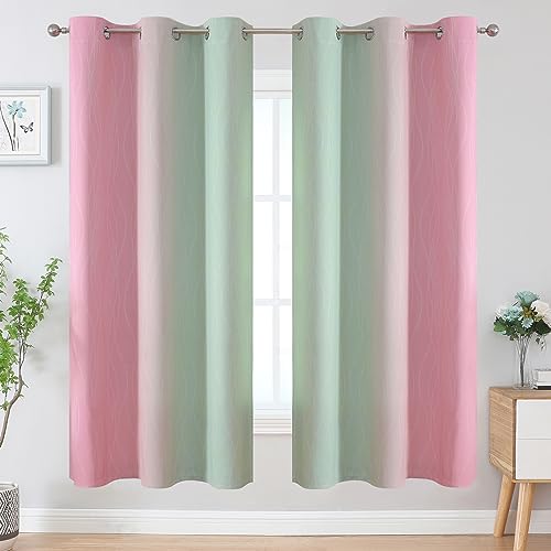 Sage Green and Pink Ombre Blackout Curtains for Bedroom (Sage and Pink / 42"W x 72"L (Pack of 2))