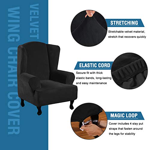 Wingback Chair Covers Velvet Plush Wing Chair Slipcover 1 Piece High Stretch Wing Back Chair Slipcovers Sofa Cover Furniture Cover with Elastic Bottom (Jet Black / Wing Chair)
