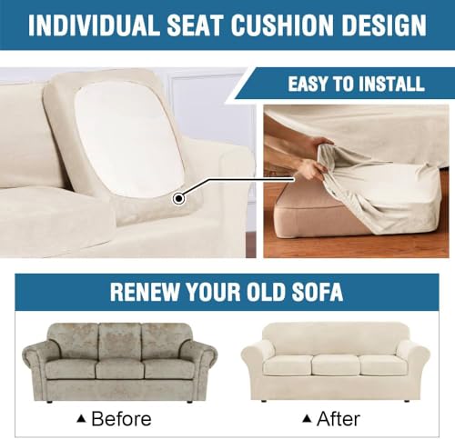 High Stretch Sofa Slipcover 4 Piece Cover Velvet Furniture Protector Form Fit Thick Velvet Extra Large Sofa Cover for 3 Cushion Couch Width Up to 97 Inch (3 Cushion Large Sofa / Cream)