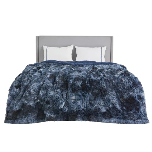 Faux Fur Fluffy Sherpa Fleece Bed Blanket Tie Dye Navy 108"x90" (05- Tie Dye Navy / King (108" X 90"))