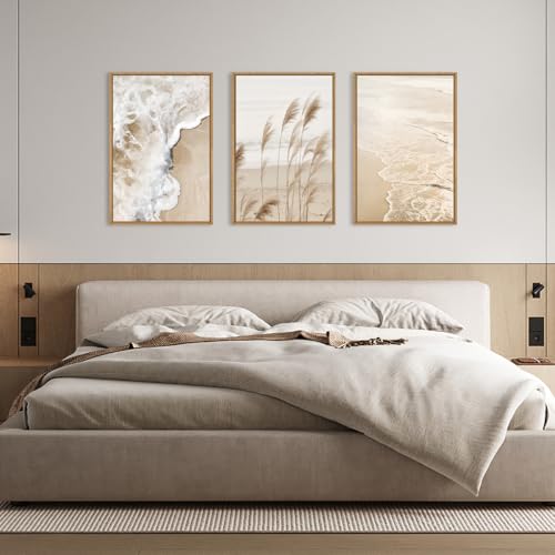 Large Beach Wave Pampas Grass Framed Canvas Wall Art Set (Pampsa Grass Wall Art / 24"L x 36"W)
