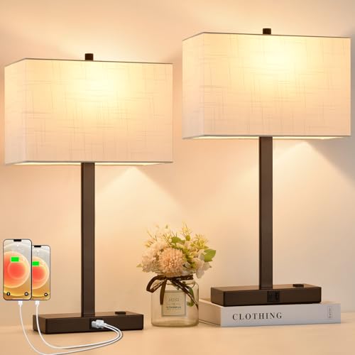 21" Touch Bedside lamps with 2 USB & AC Outlets (White Linen & Brown)
