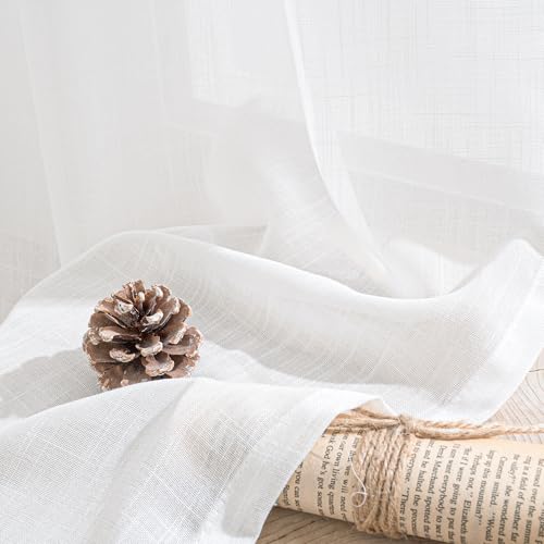 40 Inches Long White Linen Curtains for Kitchen Cafe Window (White / 42"W x 40"L (Pack of 2))