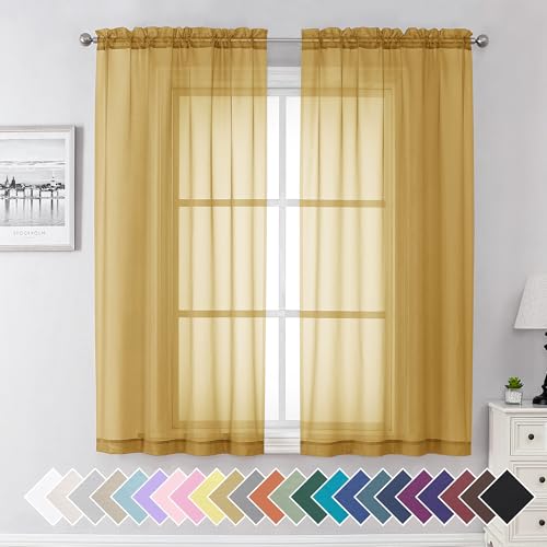 Gold Sheer Curtains 63 Inch Length 2 Panels Set (40"W x 63"L (Pack of 2) / Gold)