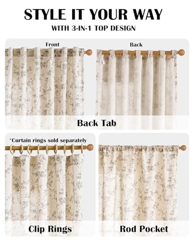 Extra Long Grey Vintage Floral Linen Curtains Farmhouse 2 Panels (Grey on Beige / 50"W x 108"L (Pack of 2))