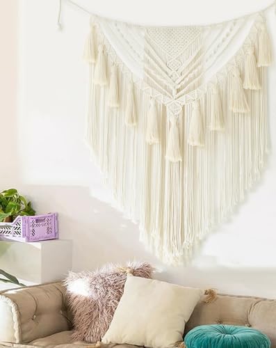 Macrame Wall Hanging Small Yarn Wall Art Ivory Boho Decor 31"Wx39"L (Ivory1)