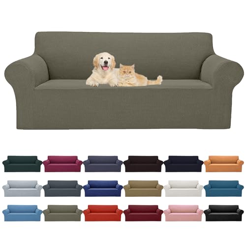 2026 New Stretch Sofa Slipcovers Couch Cover for 3 Cushion Furniture Protector Sofa Covers with Elastic Bottom Jacquard Fabric Small Checks for Pets (Khaki / Sofa)