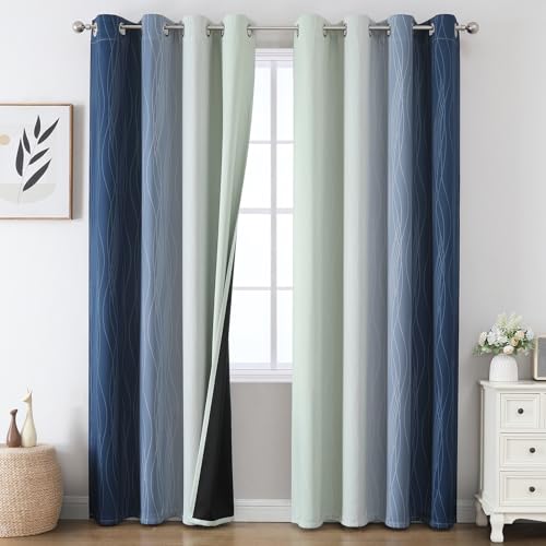 Sage Green and Navy Blue Ombre Blackout Curtains for Living Room 102 Inch (Navy Blue and Sage Green / 52"W x 102"L (Pack of 2))