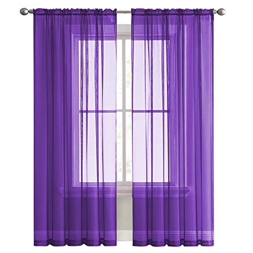 Sheer Voile Window Treatment Rod Pocket Curtain Panels for Kitchen Bedroom Living Room Drapes Sunlight Filtering Privacy Semi Home Decor Assorted (Purple / 52"W x 84"L (Pack of 2))