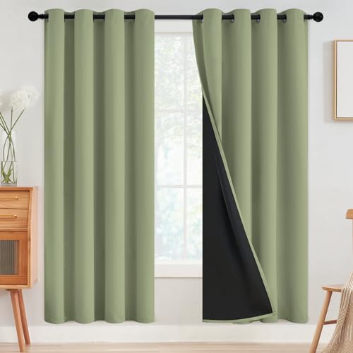 Sage 100% Blackout Curtains Room Darkening Living Room 72 Inch (Sage / 52"W x 72"L (Pack of 2))