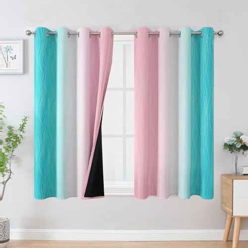 Pink and Teal Ombre Blackout Curtains for Bedroom 45 Inch (Pink and Teal / 52"W x 45"L (Pack of 2))