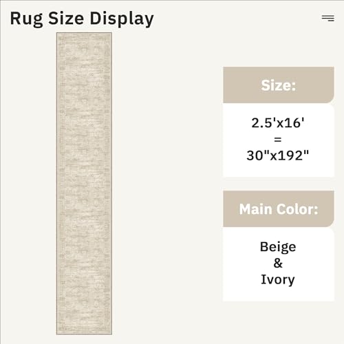 Hallway Runner Rug 2'6" x 16' Washable Long Kitchen Rugs Beige (Beige / 2'6" x 16' (Runner))