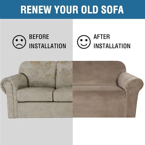 Stretch Velvet Loveseat Covers for 2 Cushion Couch Covers for Living Room Sofa Covers Slipcovers with Non Slip Straps Bottom (Camel / Loveseat)
