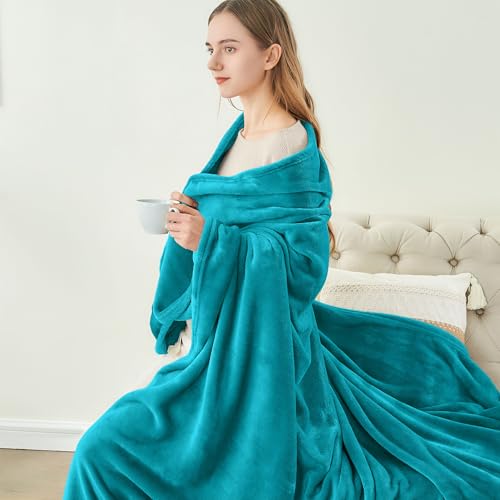 Fleece Blanket Soft Plush Queen Size Bed Blanket Teal Blue 90"x90" (Teal Blue / Queen(90"x90"))