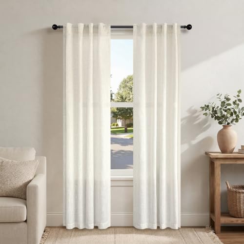 Natural Linen Boho Curtains 84 Inch Length 2 Panels Cream Ivory Light Filtering Semi Sheer Panels Floor Length Drapes for Bedroom Living Room Back Tab Pocket 34 x 84 Inch Long 7FT 7 FT Tall (34"W x 84"L (Pack of 2) / Natural)
