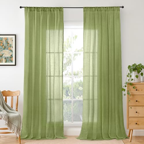 Olive Green Linen Curtains for Living Room 84 Inch Length (Green / 52"W x 84"L (Pack of 2))
