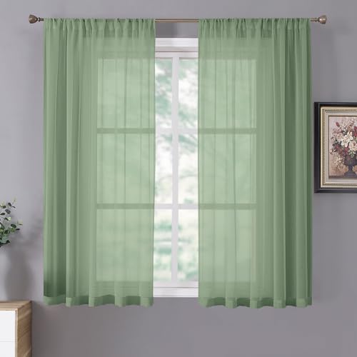 Sheer Curtains Linen Textured Living Room Curtain Sheers Light Filtering Rod Pocket Voile Curtains for Bedroom (42"W x 63"L (Pack of 2) / Sage Green)