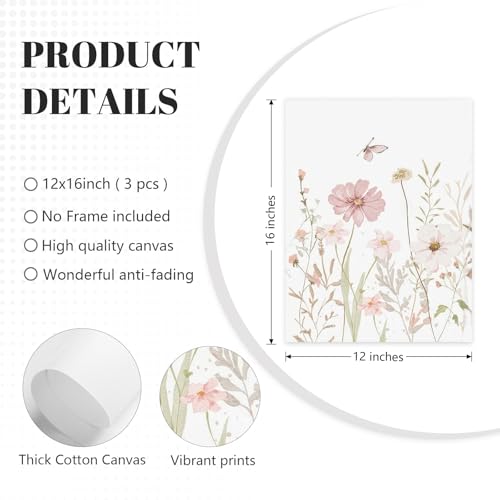Wildflower Nursery Wall Art Pink Watercolor Floral Painting Baby Girl Nursery Canvas Wall Decor Vintage Botanical Flower Picture Boho Wildflower Prints for Bedroom 12x16x3 Inch Unframed (12x16 Inch Unframed / Pink Flowers Prints)