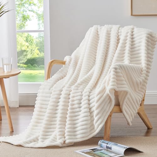Ribbed Fleece Throw Blanket for Couch (Cream / Throw(50"x60"))