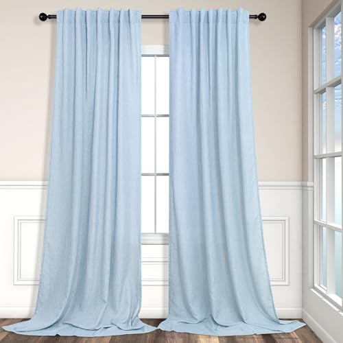 Light Blue Curtains 96 Inches Long for Living Room Back Tab Linen Light Filtering Modern Farmhouse Coastal Decor Baby Blue Cotton Textured Gauze Curtains for Dining Room Bedroom 52x96 Length Pale Blue (52"W x 96"L (Pack of 2) / Light Blue)