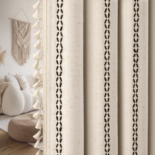 Beige 100% Boho Blackout Curtains 84 Inch 2 Panels with Tassels (Black / 52"W x 84"L (Pack of 2))